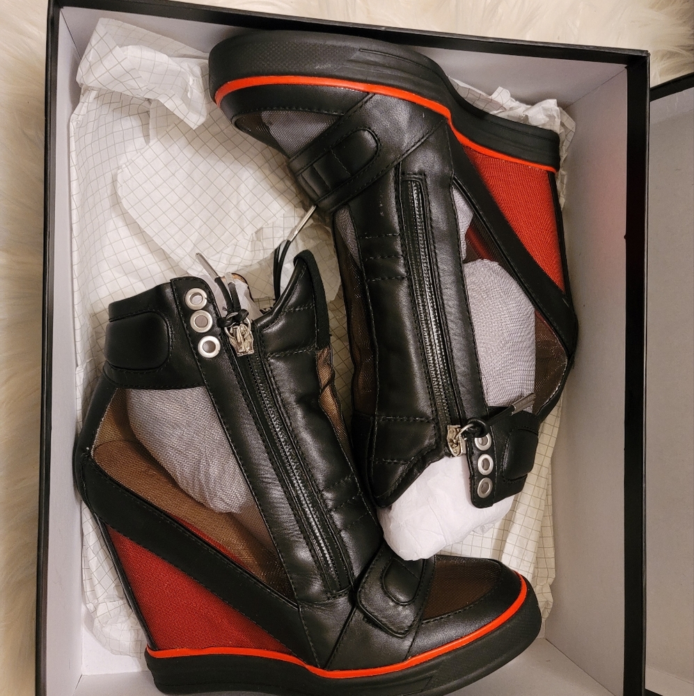 L.A.M.B. Black and Red Wedge Sneakers